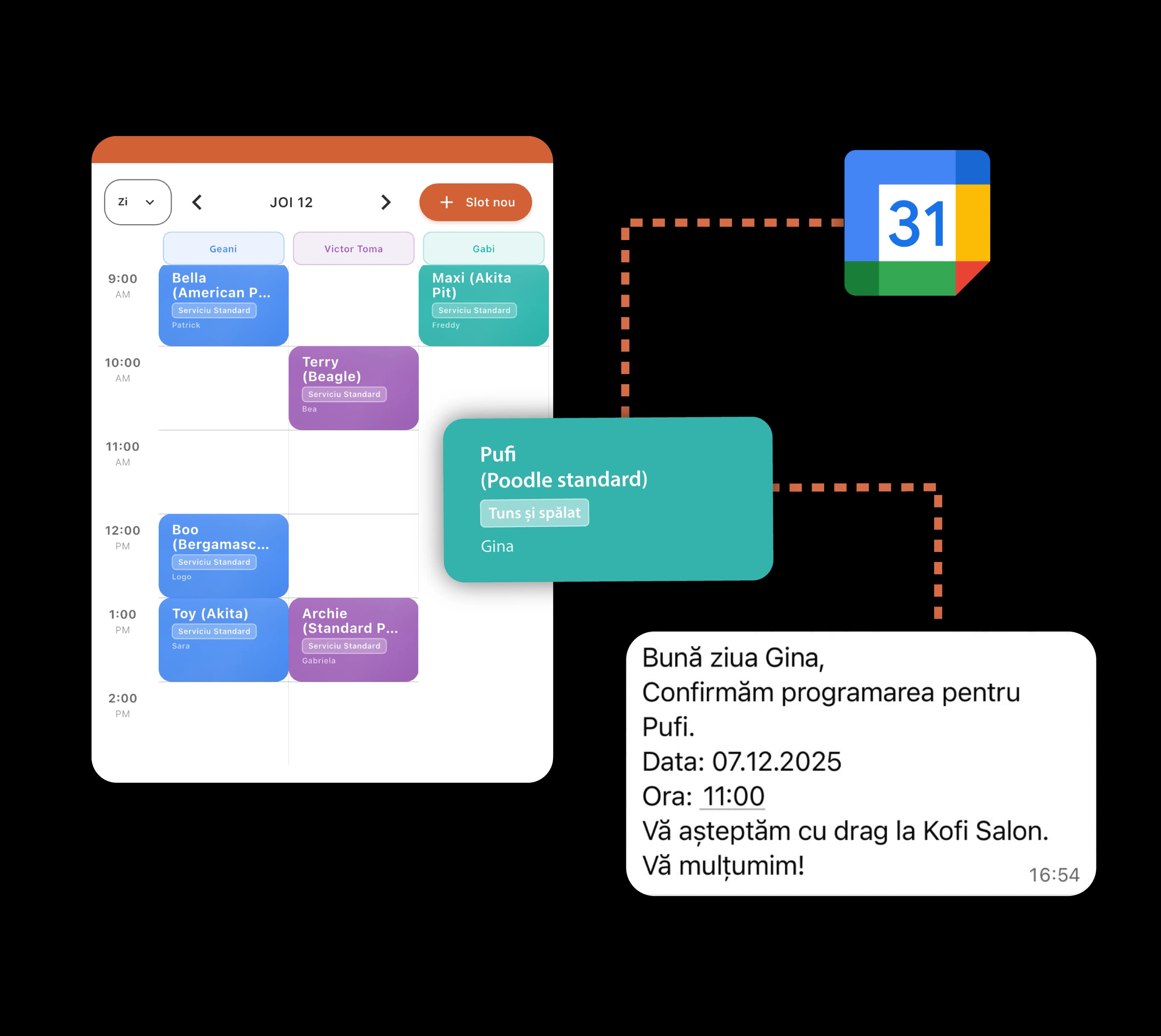 Calendar digital cu programări și sincronizare Google Calendar